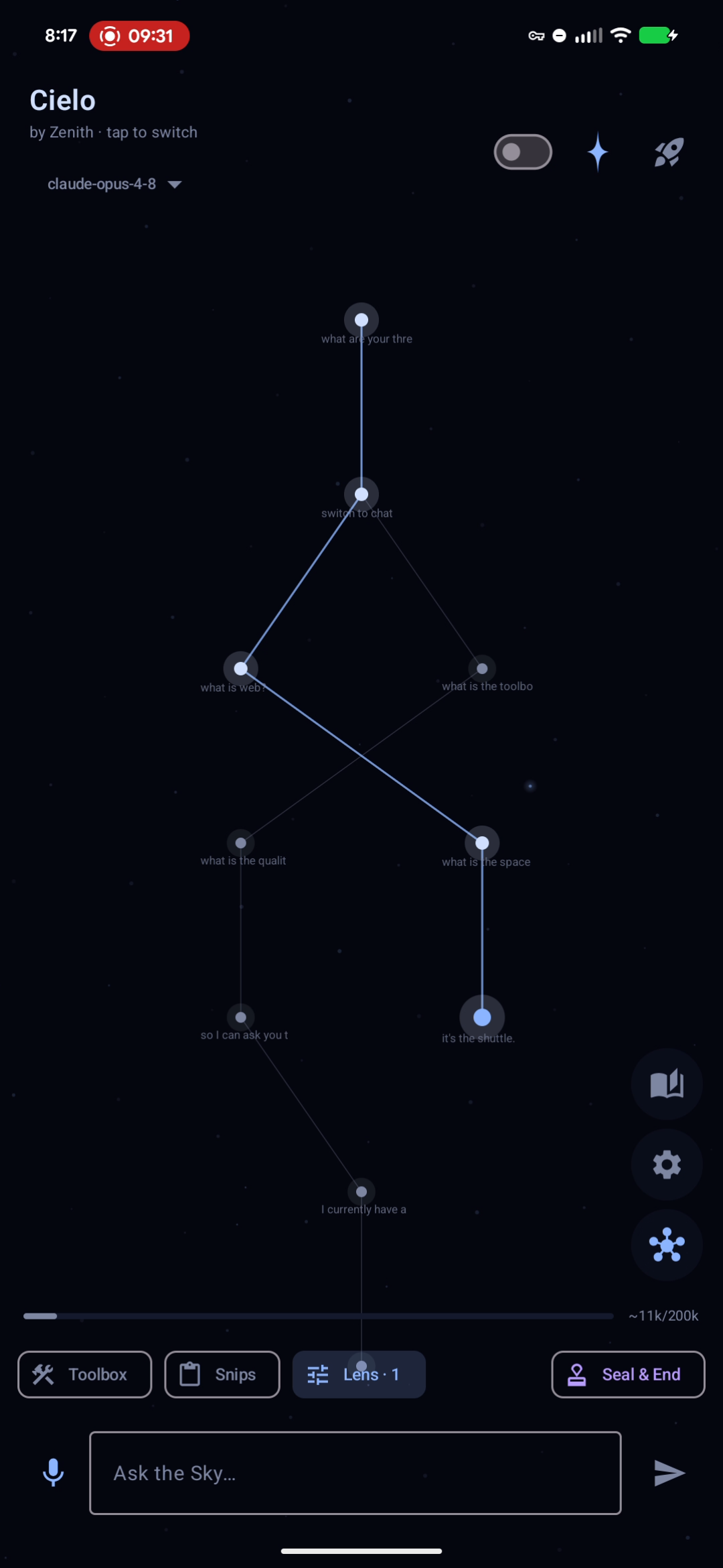 Web view — the conversation as a constellation of dots and lines